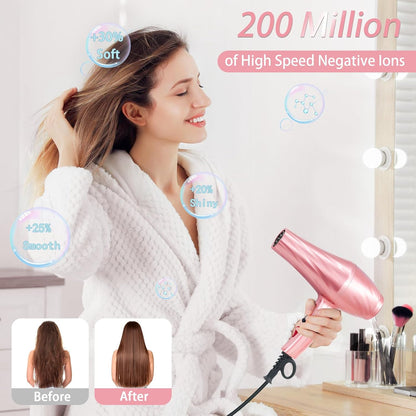 Ionic Hair Dryer,2400W Negative Ion Low Noise Hair Dryer Professional Fast Drying Hair Dryers with 2 Speeds, 3 Heat Settings, Cooling Button,with Diffuser for Curly and Straight Hair（Sakura Pink）