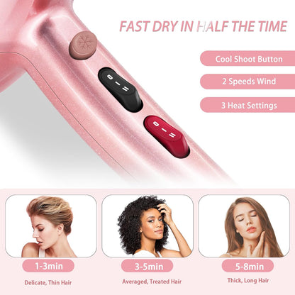 Ionic Hair Dryer,2400W Negative Ion Low Noise Hair Dryer Professional Fast Drying Hair Dryers with 2 Speeds, 3 Heat Settings, Cooling Button,with Diffuser for Curly and Straight Hair（Sakura Pink）