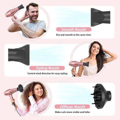 Ionic Hair Dryer,2400W Negative Ion Low Noise Hair Dryer Professional Fast Drying Hair Dryers with 2 Speeds, 3 Heat Settings, Cooling Button,with Diffuser for Curly and Straight Hair（Sakura Pink）