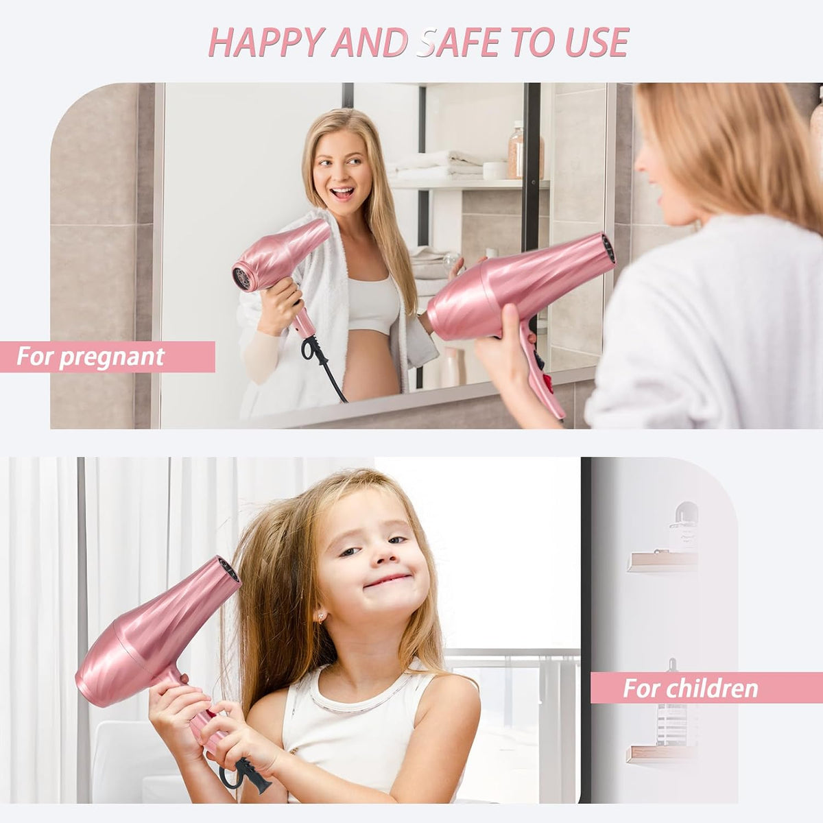 Ionic Hair Dryer,2400W Negative Ion Low Noise Hair Dryer Professional Fast Drying Hair Dryers with 2 Speeds, 3 Heat Settings, Cooling Button,with Diffuser for Curly and Straight Hair（Sakura Pink）