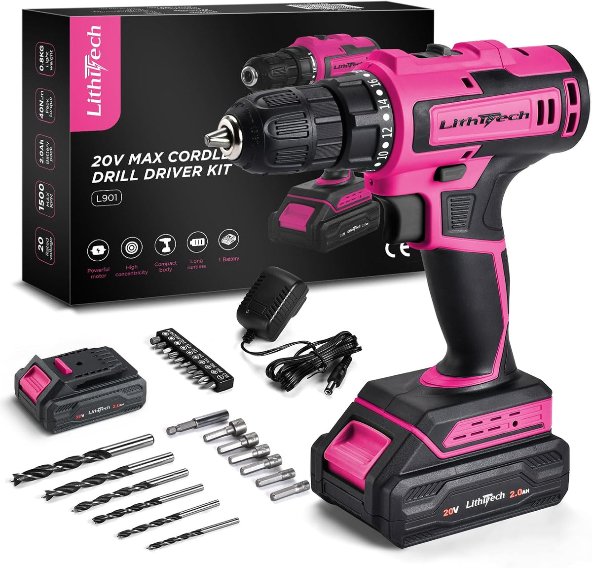 20V Pink Cordless Drill Set, 3/8" Keyless Chuck Electric Drill