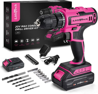 20V Pink Cordless Drill Set, 3/8" Keyless Chuck Electric Drill