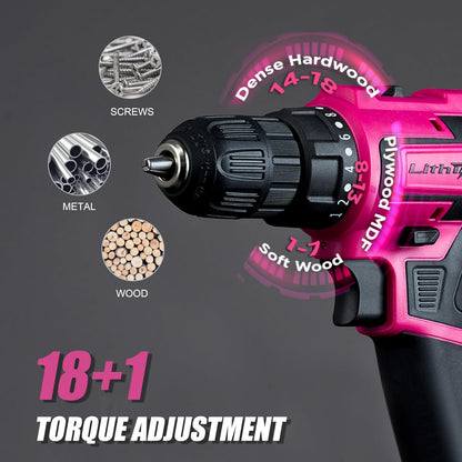 20V Pink Cordless Drill Set, 3/8" Keyless Chuck Electric Drill
