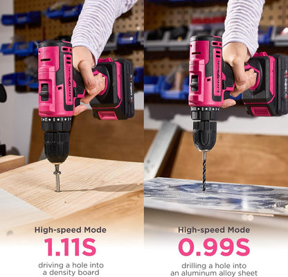 20V Pink Cordless Drill Set, 3/8" Keyless Chuck Electric Drill