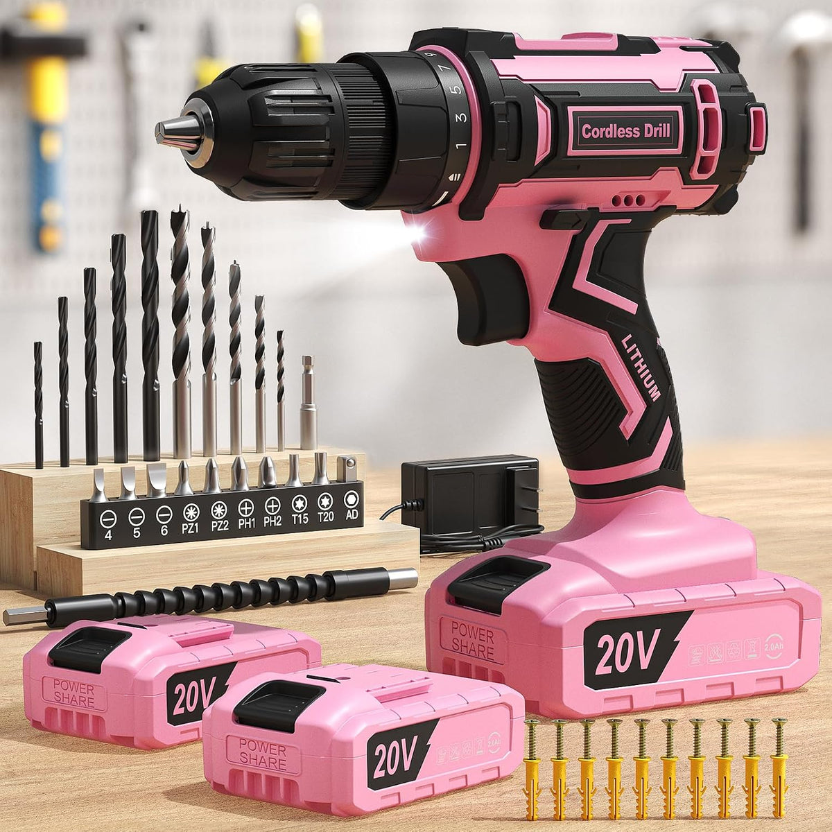 Pink Cordless Drill Set, Double 2000mAh Power Pack Electric Power Drill for Women, 20V Lightweight Electric Screwdriver Driver with Power Pack & Charger, 3/8" Keyless Chuck, Womens Tool Kit for House