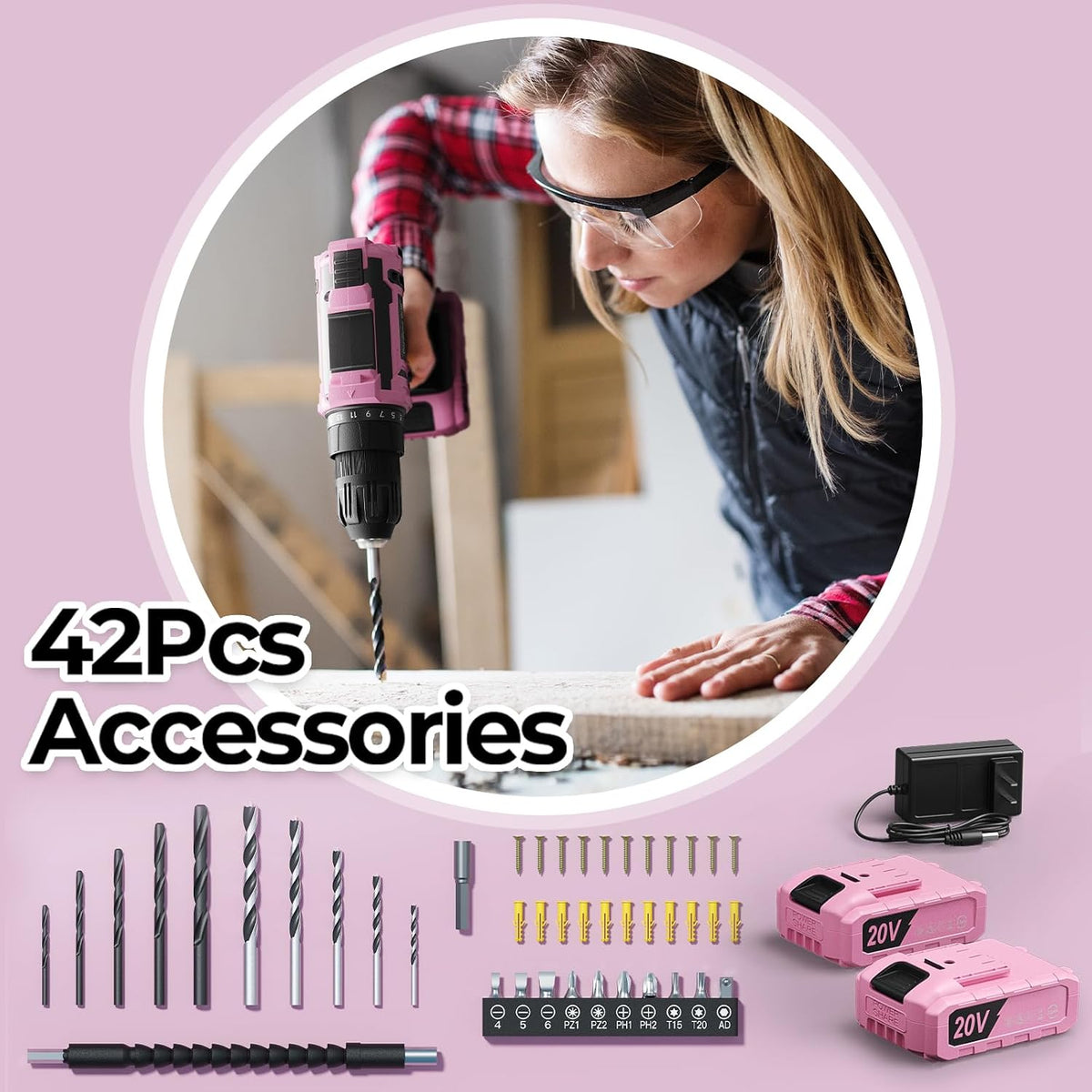 Pink Cordless Drill Set, Double 2000mAh Power Pack Electric Power Drill for Women, 20V Lightweight Electric Screwdriver Driver with Power Pack & Charger, 3/8" Keyless Chuck, Womens Tool Kit for House