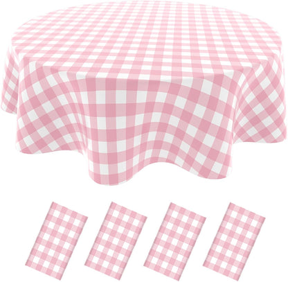 4 Pack Checkered Tablecloth，Plastic Table Cloth Disposable，84 Inch Round Gingham Tablecloth for Parties - Pink