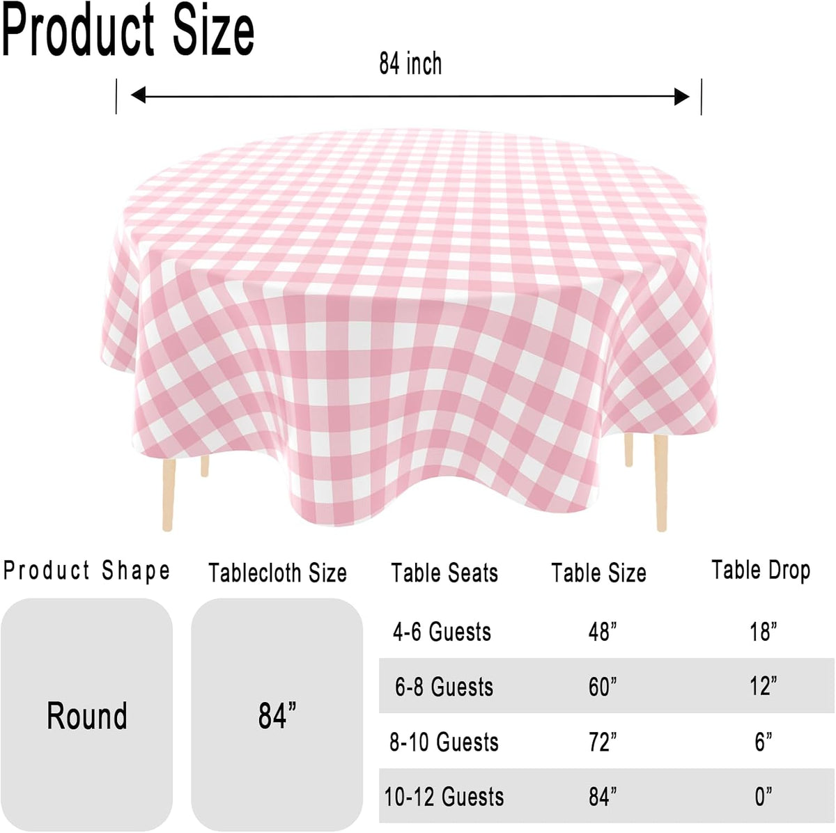 4 Pack Checkered Tablecloth，Plastic Table Cloth Disposable，84 Inch Round Gingham Tablecloth for Parties - Pink