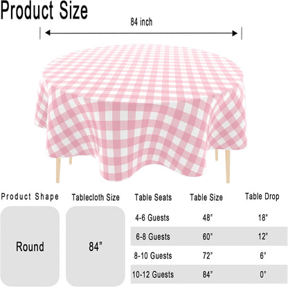 4 Pack Checkered Tablecloth，Plastic Table Cloth Disposable，84 Inch Round Gingham Tablecloth for Parties - Pink