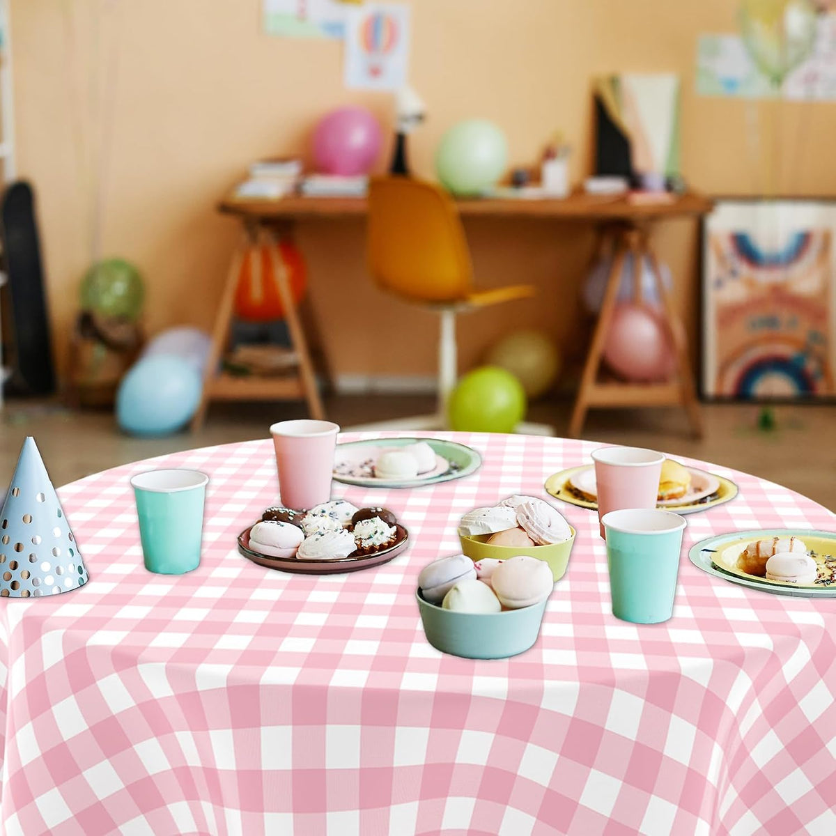 4 Pack Checkered Tablecloth，Plastic Table Cloth Disposable，84 Inch Round Gingham Tablecloth for Parties - Pink