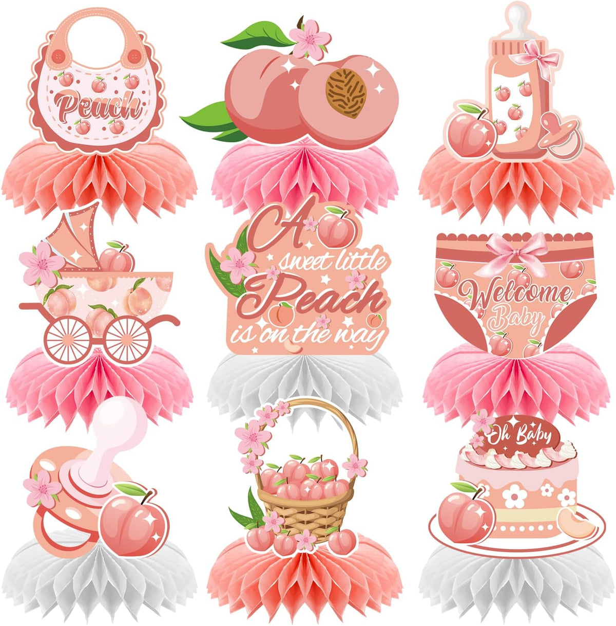 9pcs Sweet Peach Welcome Baby Honeycomb Centerpieces Baby Shower Party Table Decorations Peach is on the Way Tabletop Centerpieces Newborn Hello Baby Announcement Table Topper Sign Decorations
