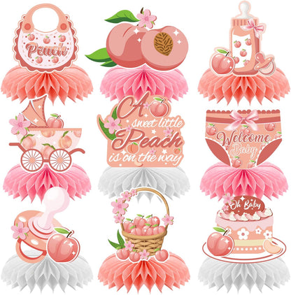 9pcs Sweet Peach Welcome Baby Honeycomb Centerpieces Baby Shower Party Table Decorations Peach is on the Way Tabletop Centerpieces Newborn Hello Baby Announcement Table Topper Sign Decorations
