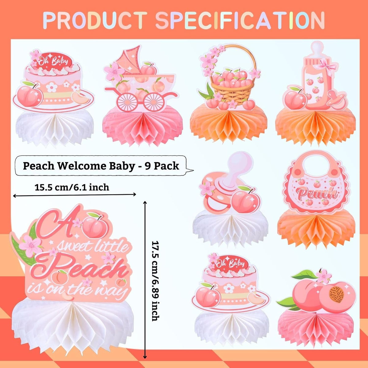 9pcs Sweet Peach Welcome Baby Honeycomb Centerpieces Baby Shower Party Table Decorations Peach is on the Way Tabletop Centerpieces Newborn Hello Baby Announcement Table Topper Sign Decorations