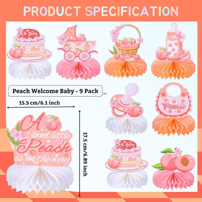 9pcs Sweet Peach Welcome Baby Honeycomb Centerpieces Baby Shower Party Table Decorations Peach is on the Way Tabletop Centerpieces Newborn Hello Baby Announcement Table Topper Sign Decorations