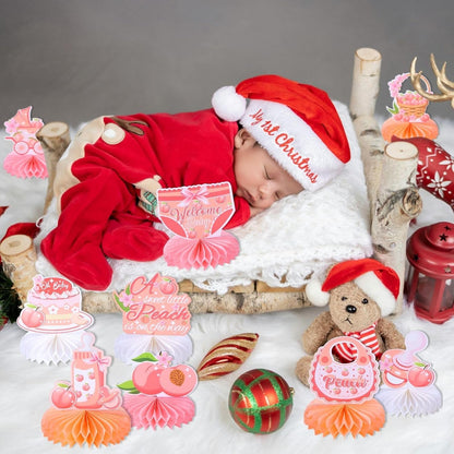 9pcs Sweet Peach Welcome Baby Honeycomb Centerpieces Baby Shower Party Table Decorations Peach is on the Way Tabletop Centerpieces Newborn Hello Baby Announcement Table Topper Sign Decorations