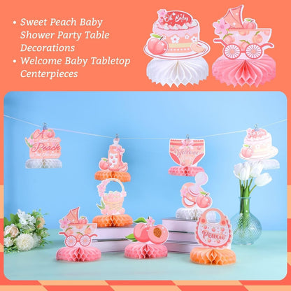 9pcs Sweet Peach Welcome Baby Honeycomb Centerpieces Baby Shower Party Table Decorations Peach is on the Way Tabletop Centerpieces Newborn Hello Baby Announcement Table Topper Sign Decorations