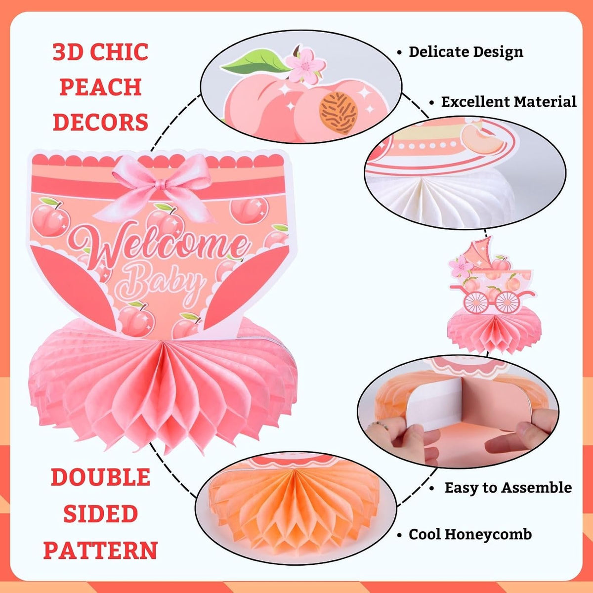 9pcs Sweet Peach Welcome Baby Honeycomb Centerpieces Baby Shower Party Table Decorations Peach is on the Way Tabletop Centerpieces Newborn Hello Baby Announcement Table Topper Sign Decorations