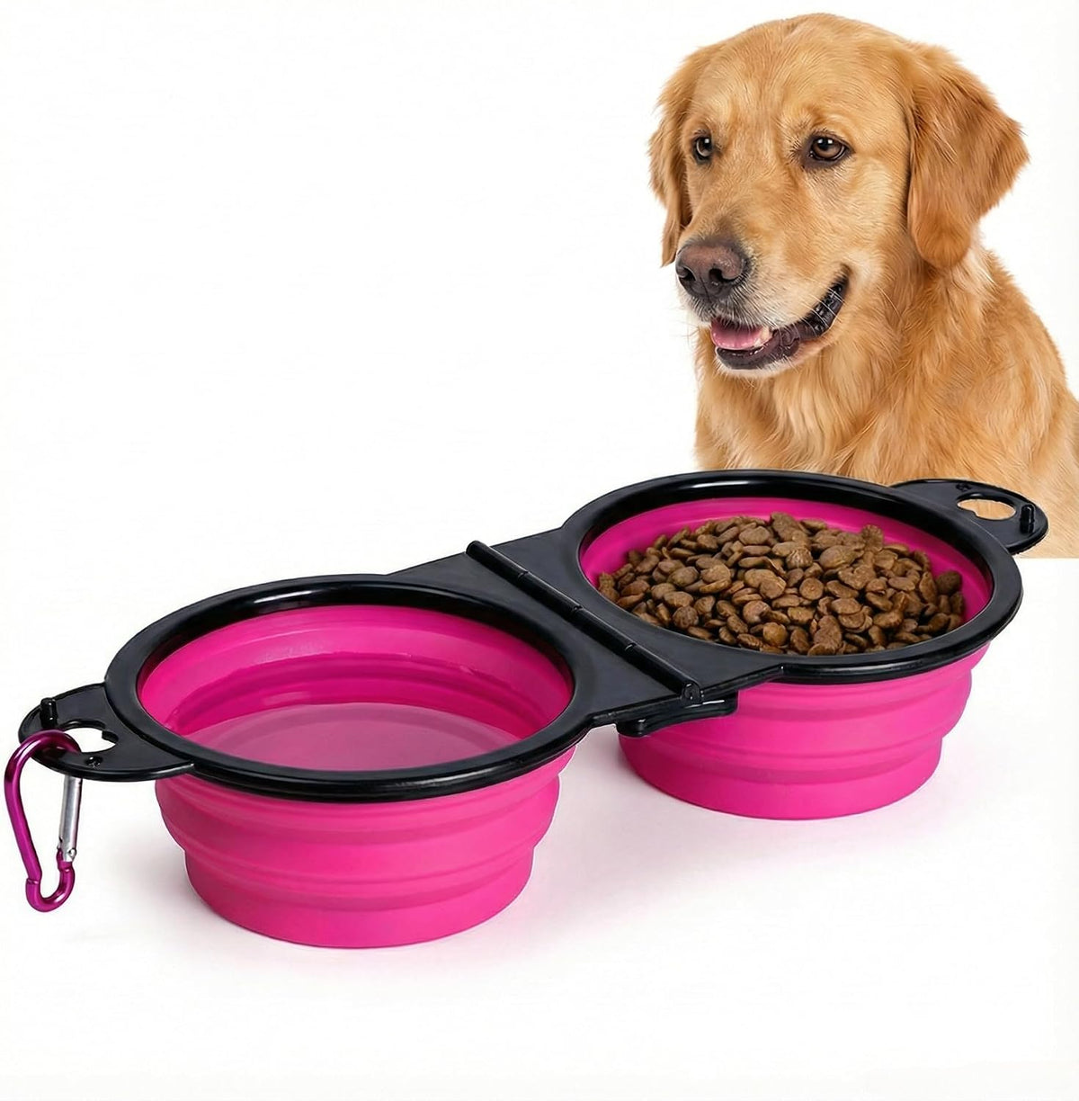 Double Collapsible Dog Bowls for Travel, Food and Water Set with Clip, Pink