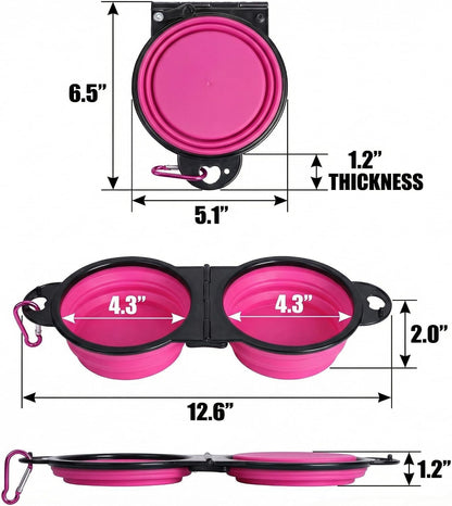Double Collapsible Dog Bowls for Travel, Food and Water Set with Clip, Pink