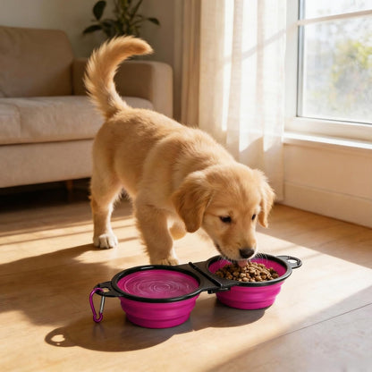 Double Collapsible Dog Bowls for Travel, Food and Water Set with Clip, Pink