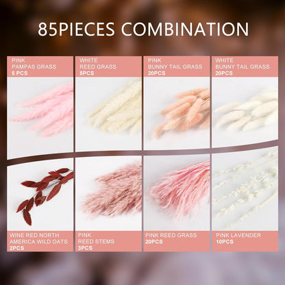 N&T NETING Pink Dried Pampas Grass Boho Set for Crafts Centerpiece, 85Pcs
