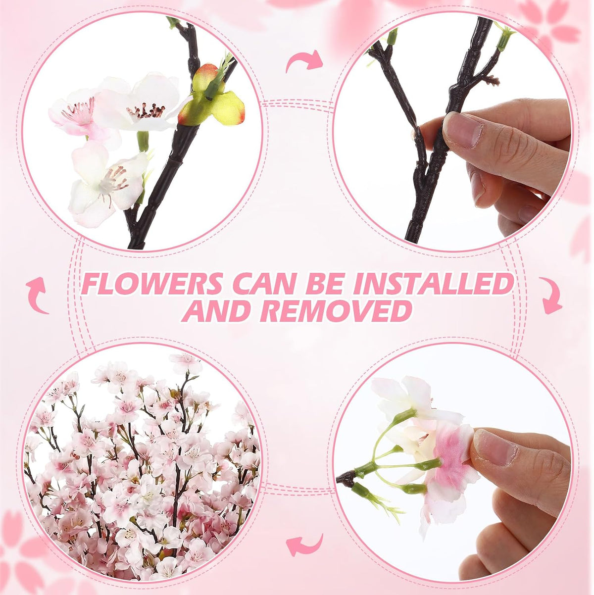8 Pcs Cherry Blossom Silk Branches Long Stem Vase, Pink, 43.3"