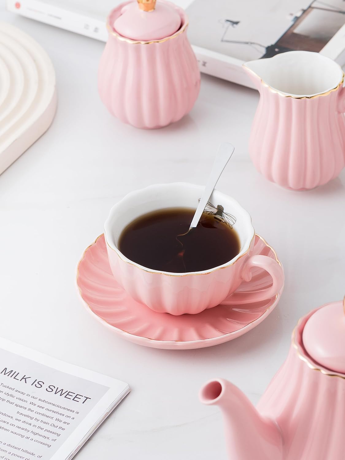 8 OZ Fine China Pink Coffee Cup/Teacup and Saucer Set
