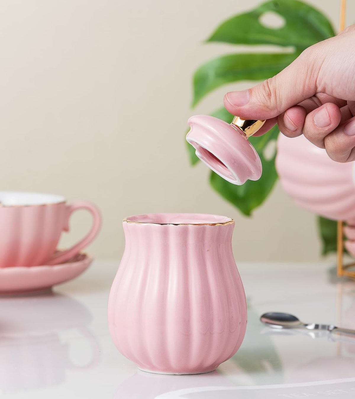 8 OZ Fine China Pink Coffee Cup/Teacup and Saucer Set