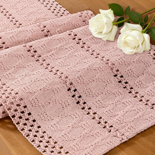 MLMC Pink Boho Table Runner Farmhouse Macrame Woven Table Runner 48 inch Long Rustic Cotton Linen Blend Table Decor for Dinning Kitchen Wedding Bridal Shower Eveyrday Use 12x48 Inch