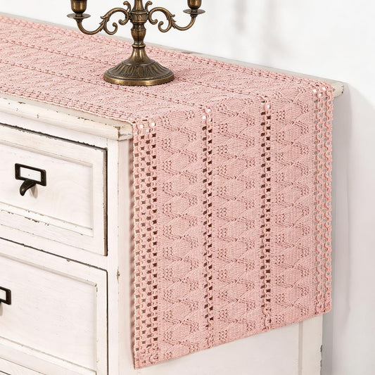 MLMC Pink Boho Table Runner Farmhouse Macrame Woven Table Runner 48 inch Long Rustic Cotton Linen Blend Table Decor for Dinning Kitchen Wedding Bridal Shower Eveyrday Use 12x48 Inch