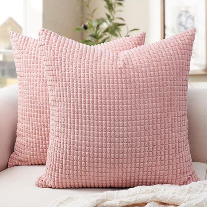 Corduroy Decorative Throw Pillow Covers 18x18, Set of 2, Pink