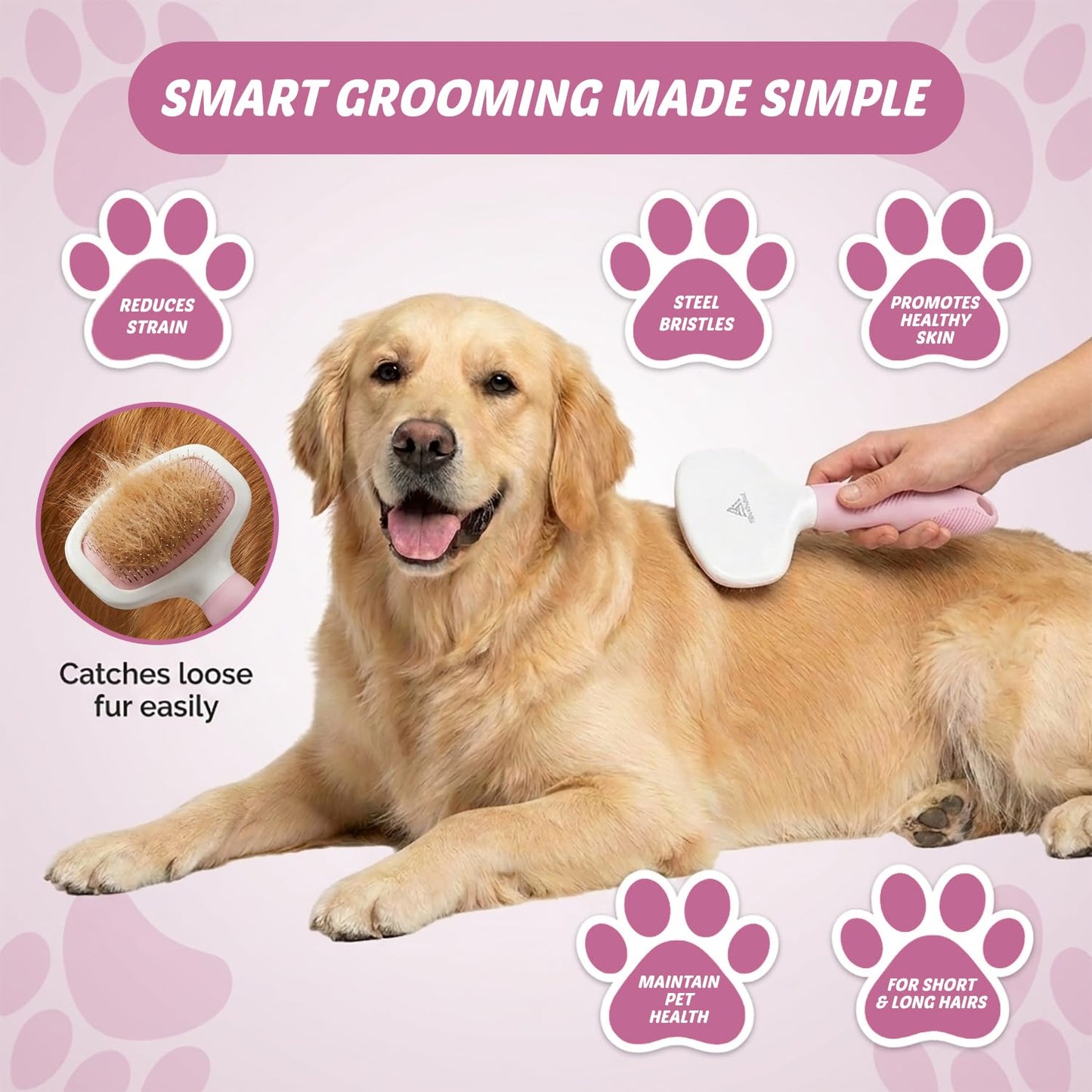 Slicker Brush for Dogs & Cats Deshedding Dog Brush for Long & Short Hair, Removes Undercoat, Mats & Tangles, Skin-Friendly Dog Grooming Comb for Shedding Control (Pink)