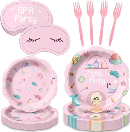 96Pcs Girls Spa Decorations Pink Sleepover Pajama Disposable Paper Plates Napkins Slumber Spa Birthday Tableware Set for 24 Guests Girls Makeup Birthday Pink Sleepover Party Supplies Favors