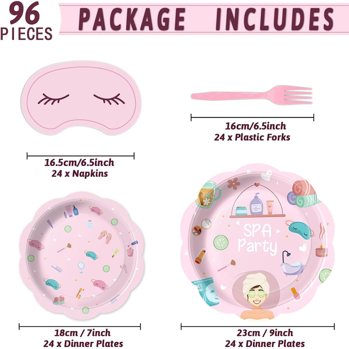 96Pcs Girls Spa Decorations Pink Sleepover Pajama Disposable Paper Plates Napkins Slumber Spa Birthday Tableware Set for 24 Guests Girls Makeup Birthday Pink Sleepover Party Supplies Favors