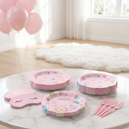96Pcs Girls Spa Decorations Pink Sleepover Pajama Disposable Paper Plates Napkins Slumber Spa Birthday Tableware Set for 24 Guests Girls Makeup Birthday Pink Sleepover Party Supplies Favors