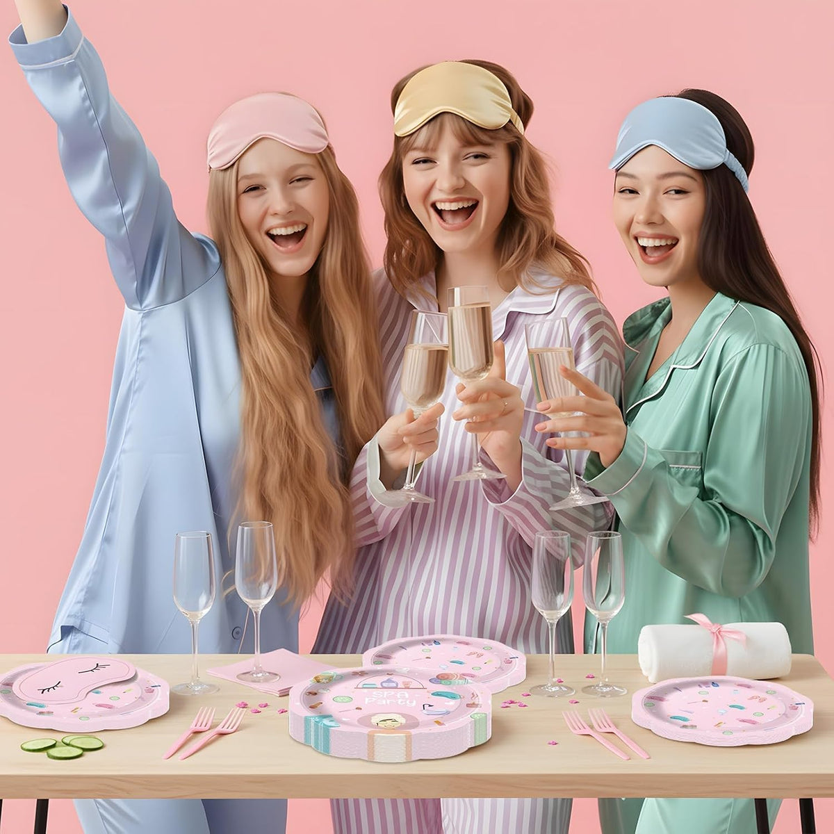 96Pcs Girls Spa Decorations Pink Sleepover Pajama Disposable Paper Plates Napkins Slumber Spa Birthday Tableware Set for 24 Guests Girls Makeup Birthday Pink Sleepover Party Supplies Favors