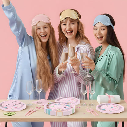 96Pcs Girls Spa Decorations Pink Sleepover Pajama Disposable Paper Plates Napkins Slumber Spa Birthday Tableware Set for 24 Guests Girls Makeup Birthday Pink Sleepover Party Supplies Favors