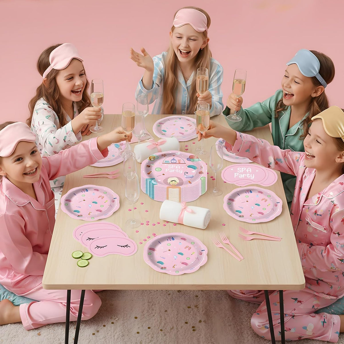 96Pcs Girls Spa Decorations Pink Sleepover Pajama Disposable Paper Plates Napkins Slumber Spa Birthday Tableware Set for 24 Guests Girls Makeup Birthday Pink Sleepover Party Supplies Favors