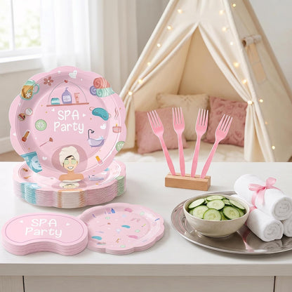 96Pcs Girls Spa Decorations Pink Sleepover Pajama Disposable Paper Plates Napkins Slumber Spa Birthday Tableware Set for 24 Guests Girls Makeup Birthday Pink Sleepover Party Supplies Favors