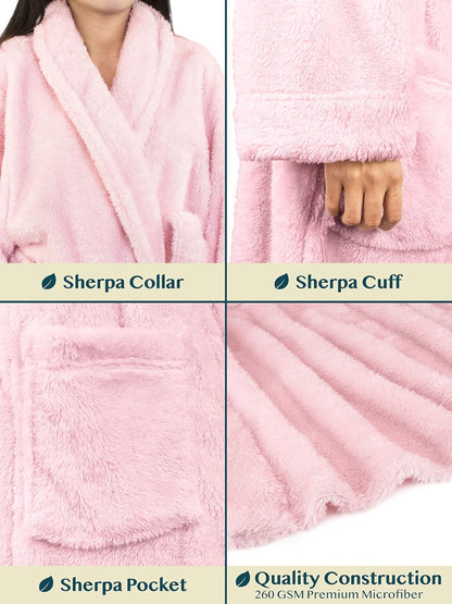 Premium Womens Plush Soft Robe, Fluffy Warm Fleece Sherpa Bathrobe