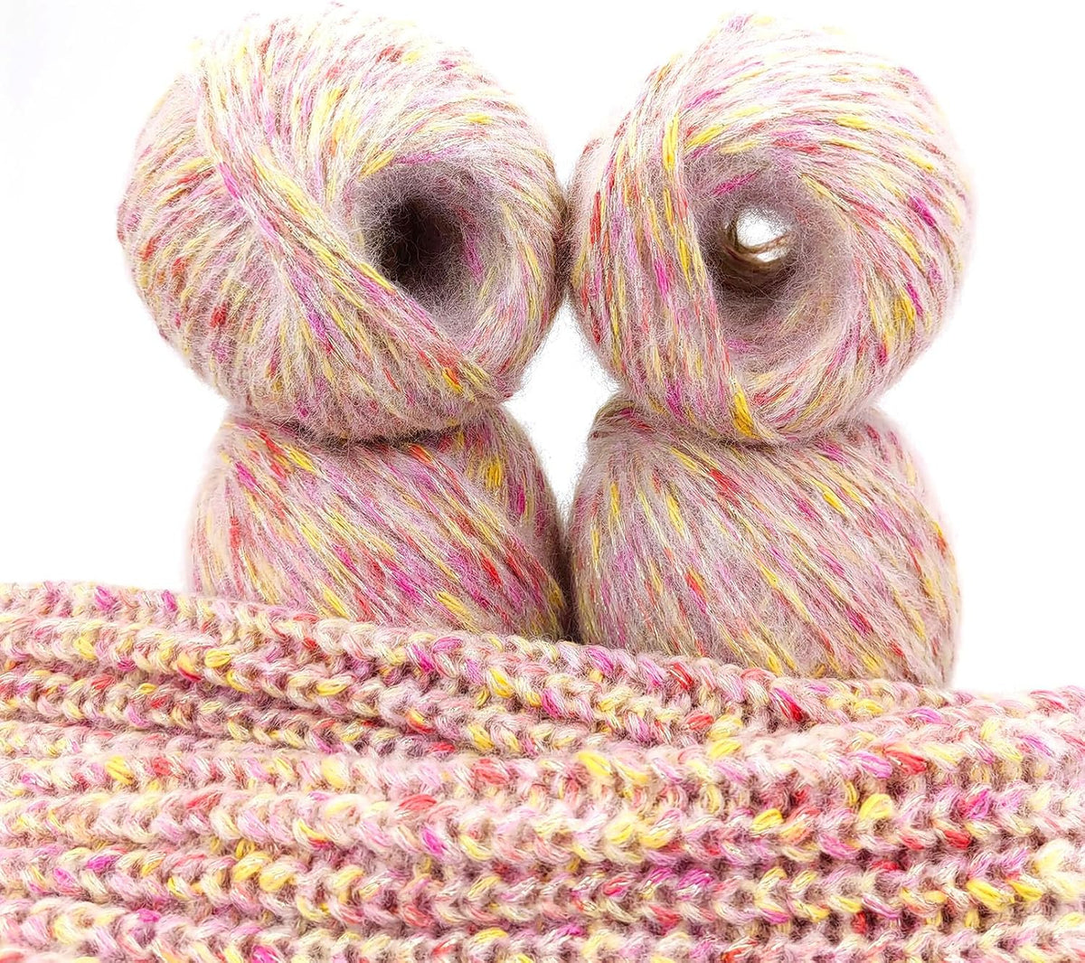 4 Pack Metallic Blend Yarn, 200g/600yds Shiny Sparkle Yarn with Gold Thread, 2mm Soft Wool Polyester Mix Yarn for Crocheting, Knitting, Light Garments, Scarves, Hats DIY Crafts (2#Pink)