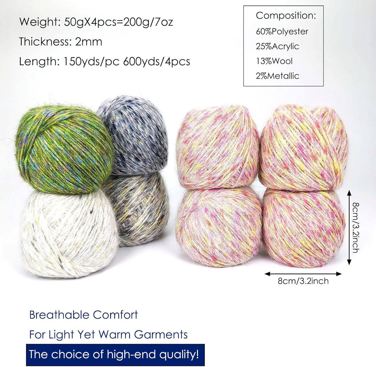 4 Pack Metallic Blend Yarn, 200g/600yds Shiny Sparkle Yarn with Gold Thread, 2mm Soft Wool Polyester Mix Yarn for Crocheting, Knitting, Light Garments, Scarves, Hats DIY Crafts (2#Pink)