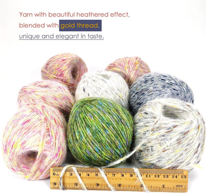 4 Pack Metallic Blend Yarn, 200g/600yds Shiny Sparkle Yarn with Gold Thread, 2mm Soft Wool Polyester Mix Yarn for Crocheting, Knitting, Light Garments, Scarves, Hats DIY Crafts (2#Pink)