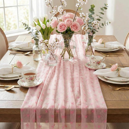 9.8 Ft Pink Butterfly Table Runner Tulle Embroidery Bow Decor