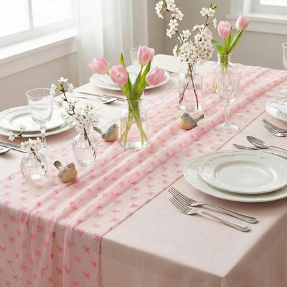 9.8 Ft Pink Butterfly Table Runner Tulle Embroidery Bow Decor