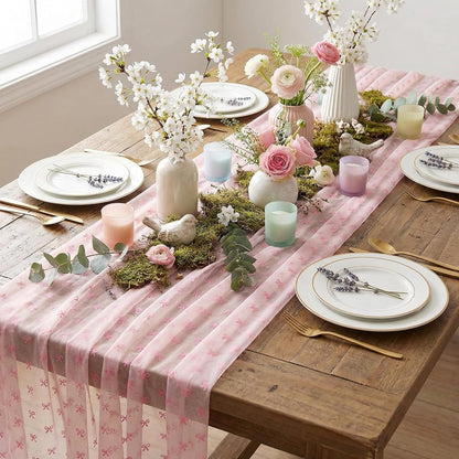 9.8 Ft Pink Butterfly Table Runner Tulle Embroidery Bow Decor