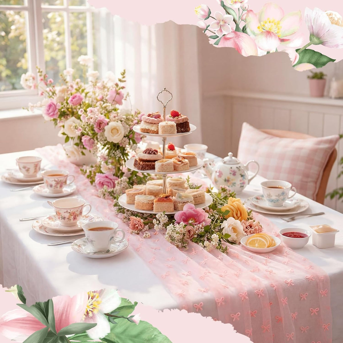 9.8 Ft Pink Butterfly Table Runner Tulle Embroidery Bow Decor