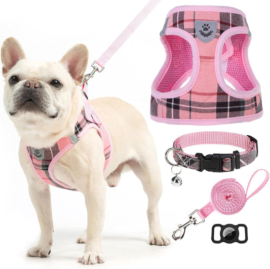 Classic Plaid Puppy Harness - Small Dog Harness and Leash Set - Dog Collar and Leash Set with AirTag Holder, Soft Padded Step in Dog Vest Harness No Pull Reflective for Outdoor, Pink XS