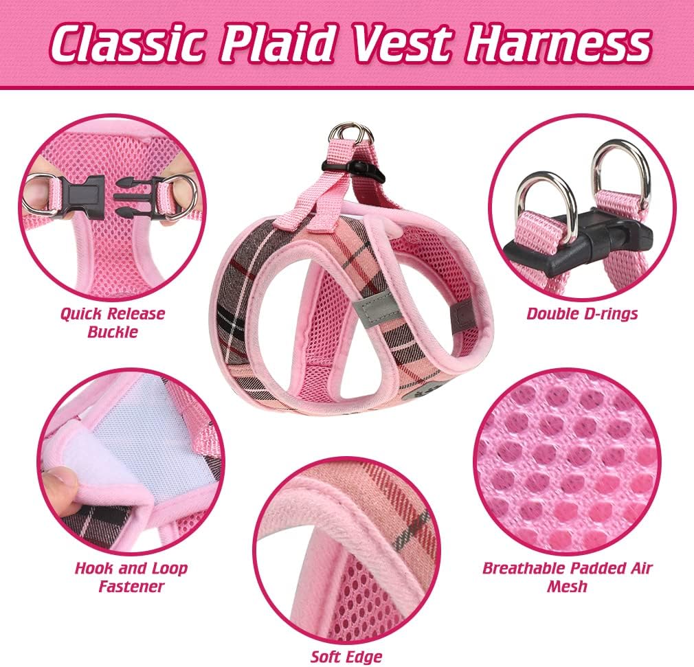 Classic Plaid Puppy Harness - Small Dog Harness and Leash Set - Dog Collar and Leash Set with AirTag Holder, Soft Padded Step in Dog Vest Harness No Pull Reflective for Outdoor, Pink XS