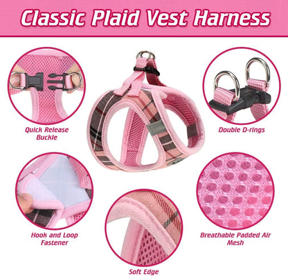 Classic Plaid Puppy Harness - Small Dog Harness and Leash Set - Dog Collar and Leash Set with AirTag Holder, Soft Padded Step in Dog Vest Harness No Pull Reflective for Outdoor, Pink XS